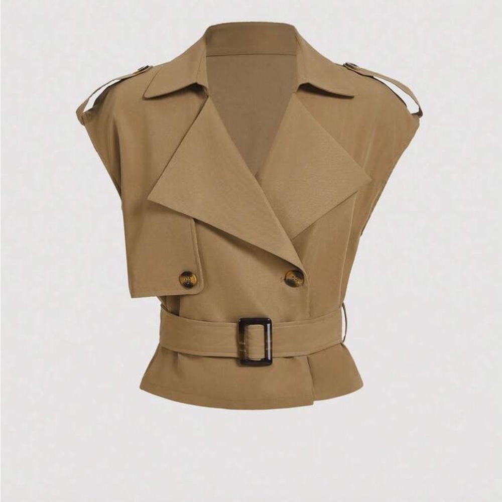 Sleeveless Belted Trench Vest in Tan